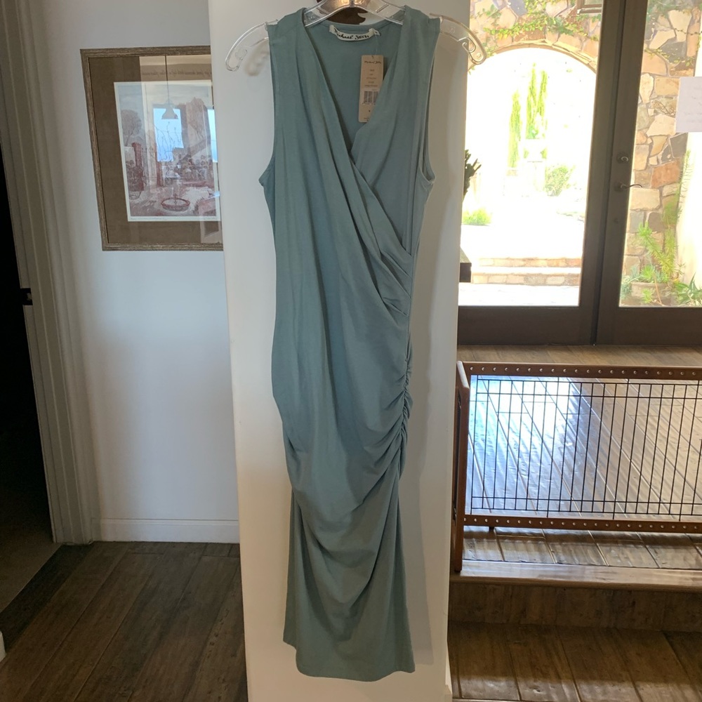 Michael Stars size M NWT aqua cotton dress with crisscross neckline, ruching